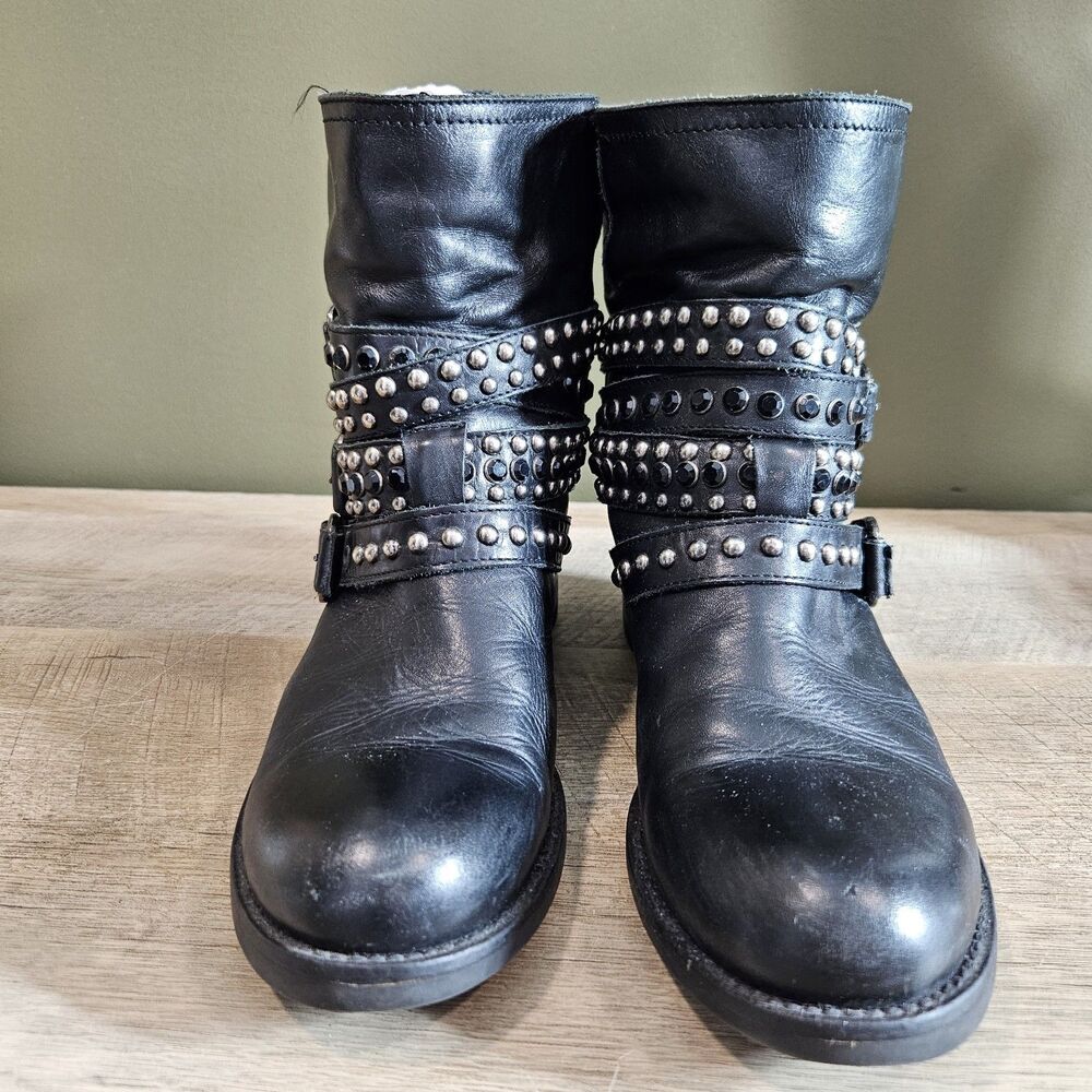 Women's Italian Leather Studded Moto Boots Black Buckle Ankle Booties Size 38 - Picture 2 of 12
